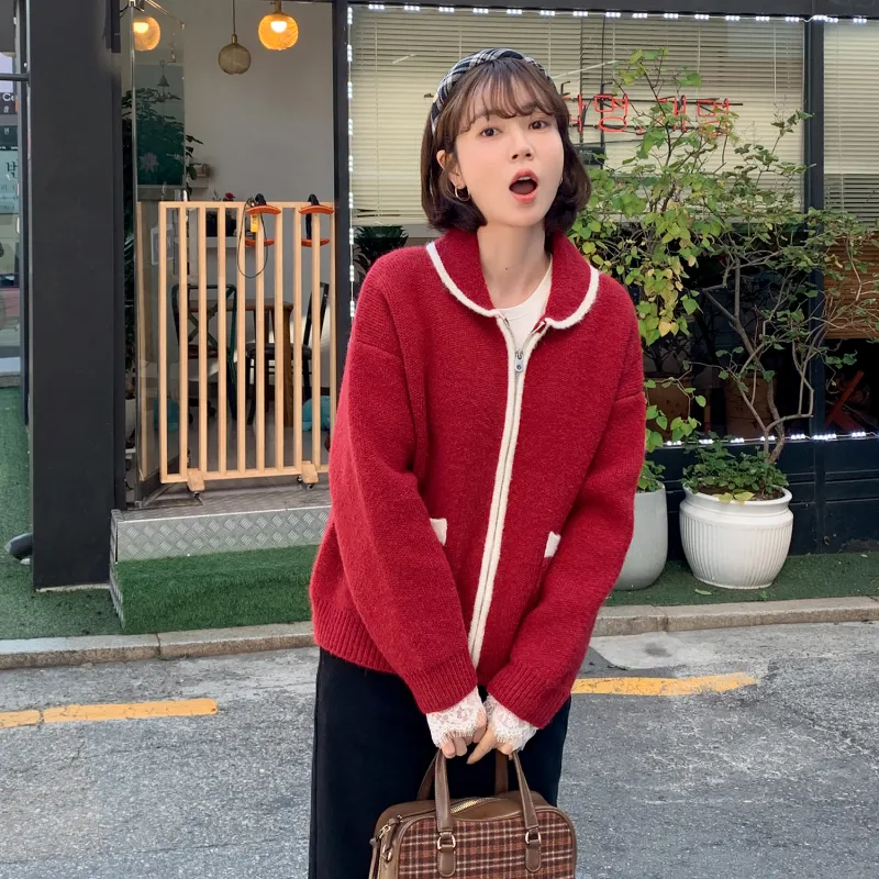 Fstudio Korean Petite Cardigan Lapel Long Sleeved Knitwear Women's Red-3