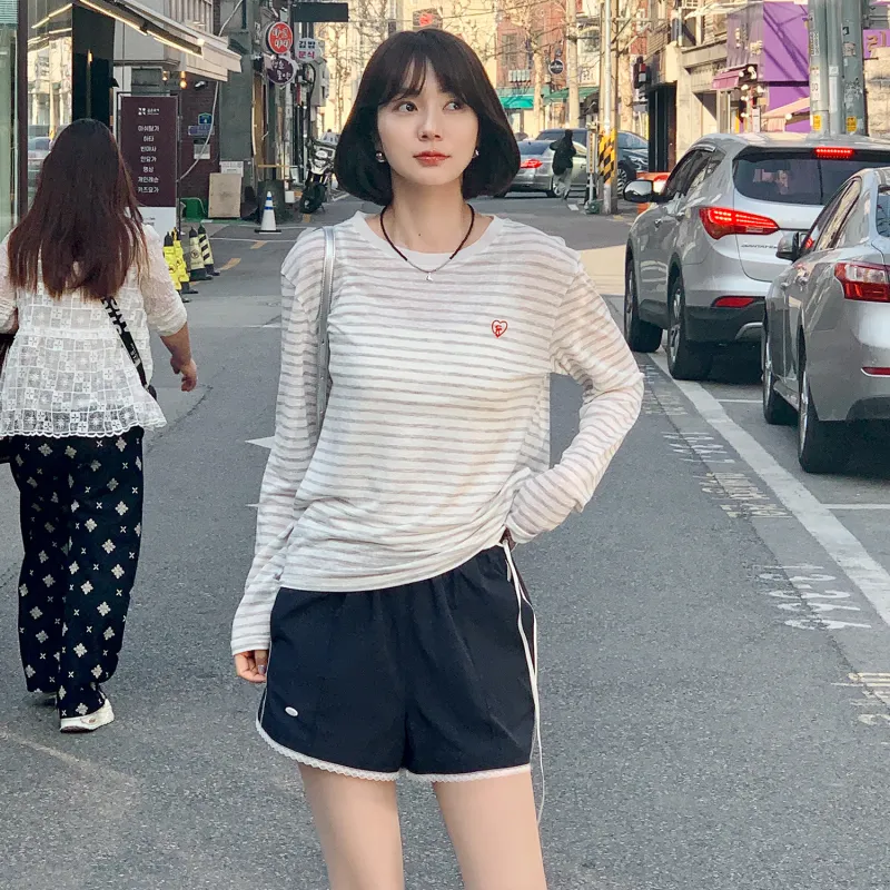 Fstudio Summer Korean Style Petite Commute Thin Casual Shorts Women's White/Navy Blue-10