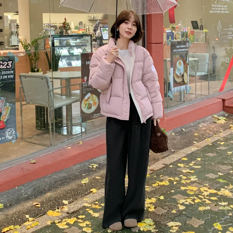 Fstudio Korean Style Stand Collar Cropped Loose Fit Down Jacket Women's Pink-3