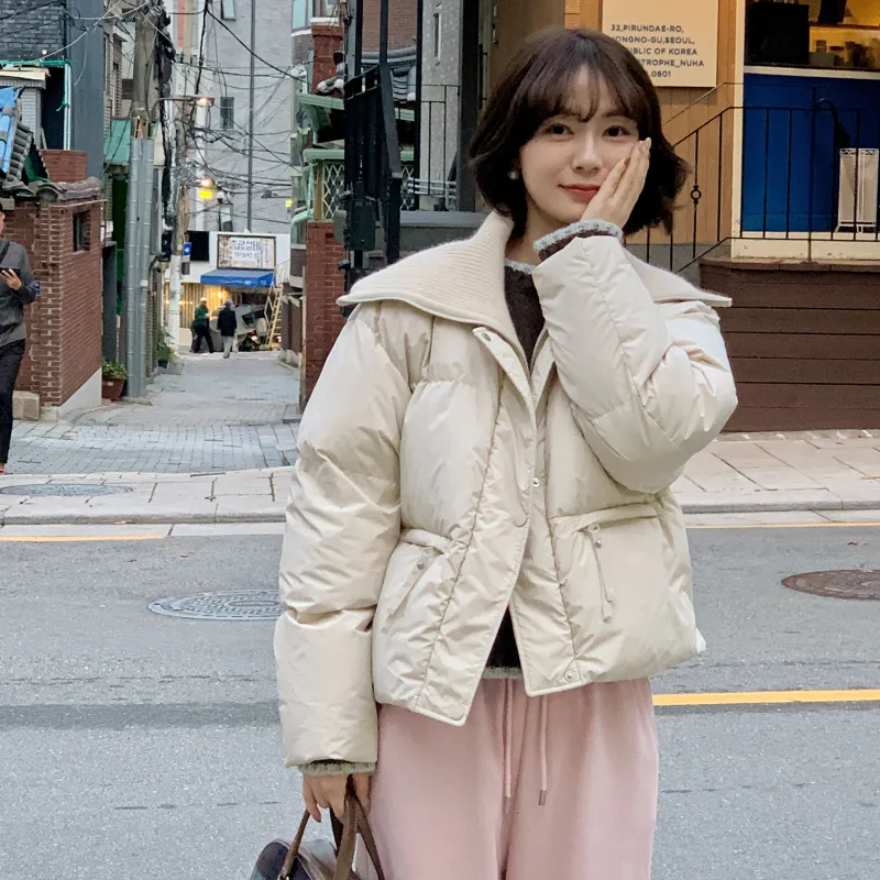 Fstudio Korean Style 90 Fill Power White Duck Down Cropped Patchwork Knitted Fabric Down Jacket Women's Beige-2