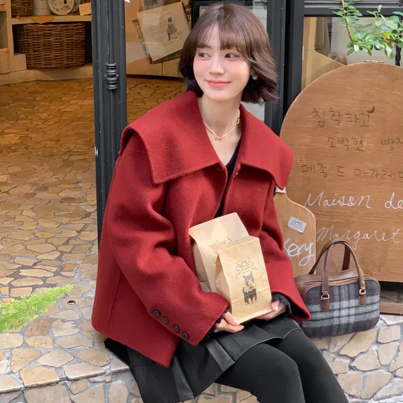 Fstudio Korean Style Languid Advanced Petite Wool Coat Women's Red-2