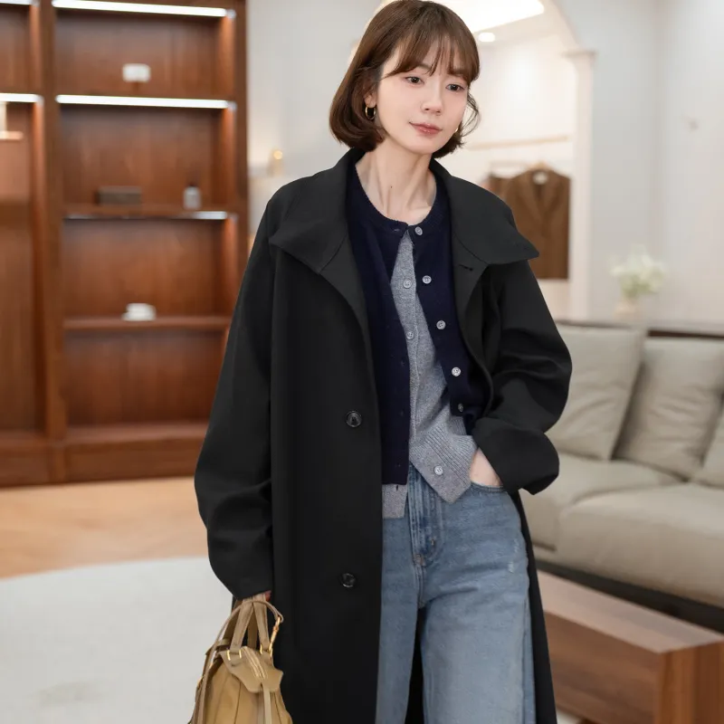 Fstudio Korean Style Petite Commute Long Outerwear Trench Coat Coat Women's Black-4