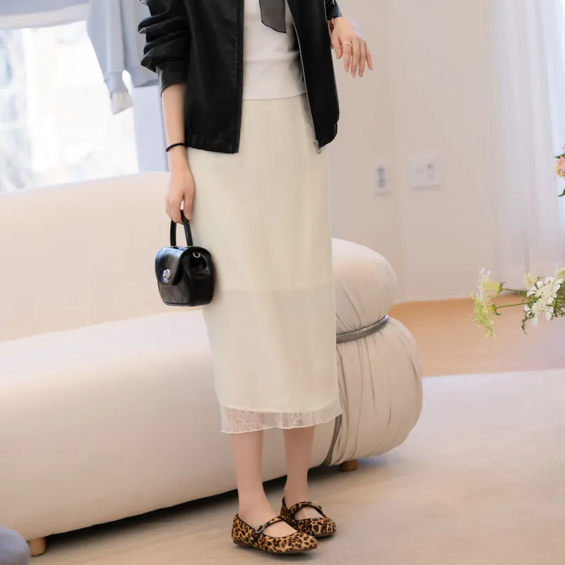 Fstudio Lace Half Length Long Skirt Women's Beige-4