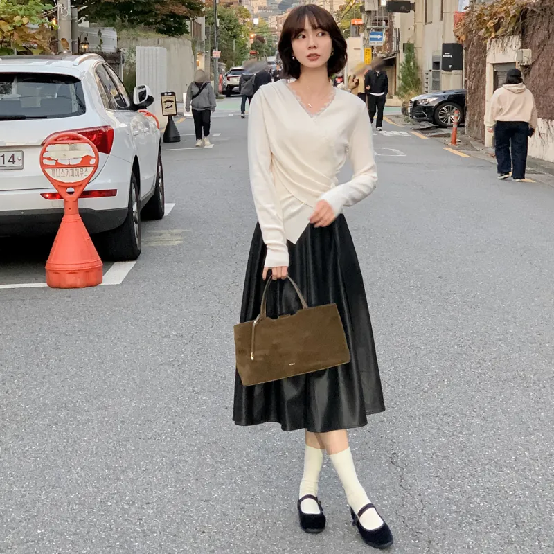 Fstudio Fall And Winter Vintage Pu Leather Half Height Waist A Line Skirt Women's Black-7