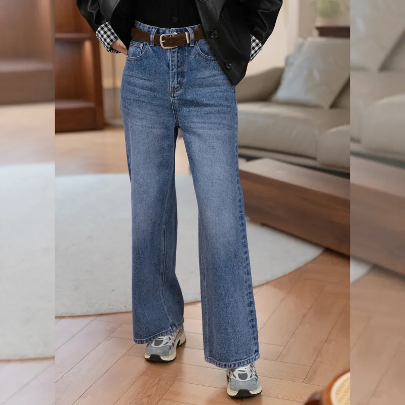Fstudio Korean Style Winter/Spring Women's High Rise Straight Fit Casual Pants Women's Blue-2