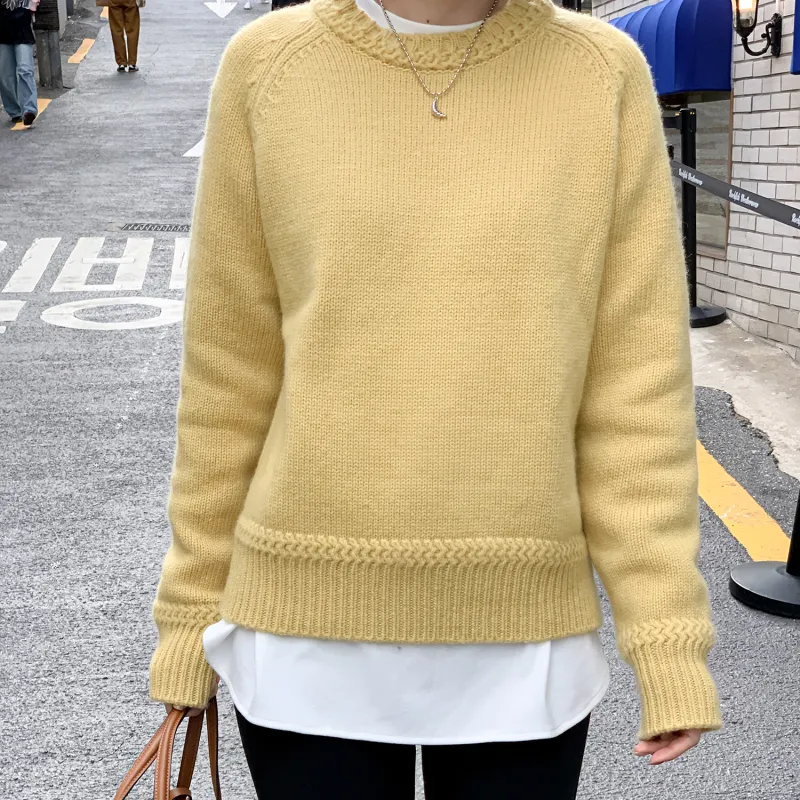 Fstudio Fall And Winter Solid Color Crew Neck 100 Wool Sweaters Crew Neck Effortless Style Sweater Women's Yellow-5