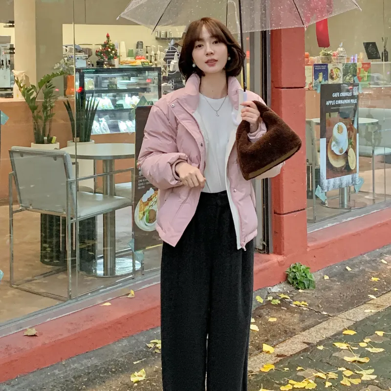 Fstudio Korean Style Stand Collar Cropped Loose Fit Down Jacket Women's Pink-4