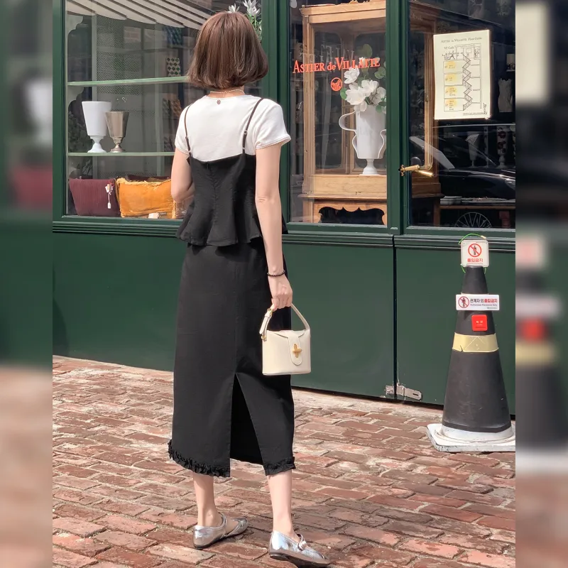 Fstudio Korean Style Elegance V Neck Comfortable Short Sleeved Top Skirt Set Women's-6