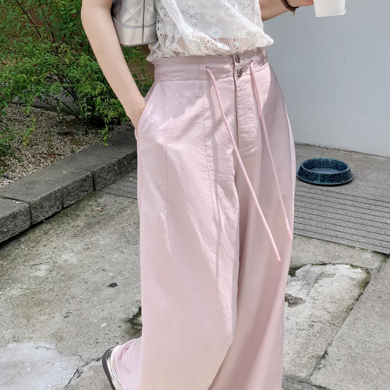 Fstudio Korean Style High Rise Two Button Drawstring Youthful Casual Pants Women's Pink-2