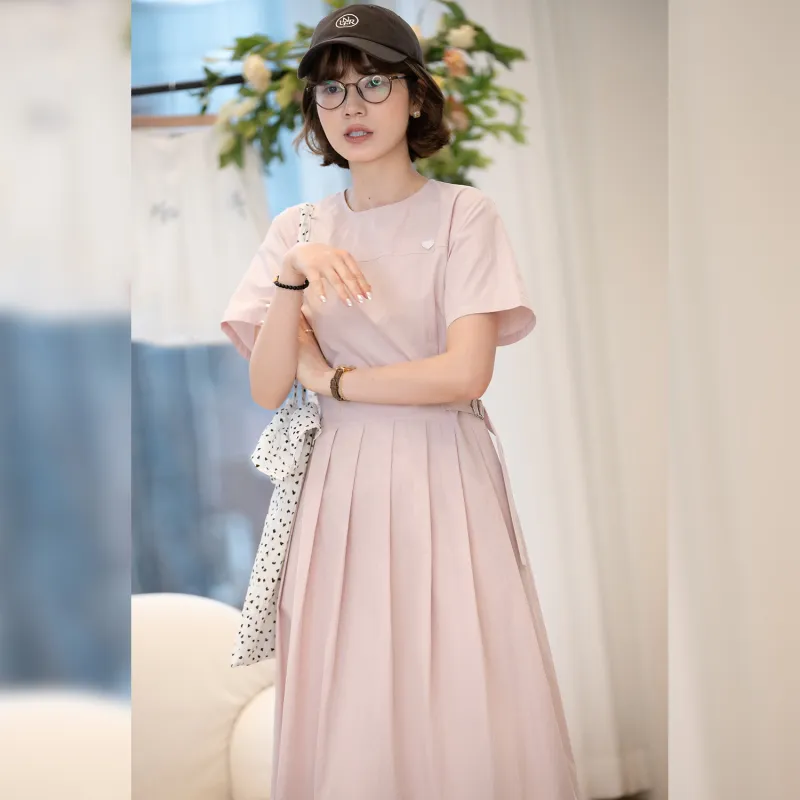Fstudio Korean Style Sweet Style Ambient Minimalist Style Solid Color Short Sleeved Dress Women's Pink-7