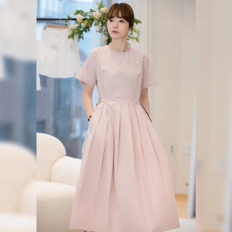Fstudio Korean Style Sweet Style Ambient Minimalist Style Solid Color Short Sleeved Dress Women's Pink-3
