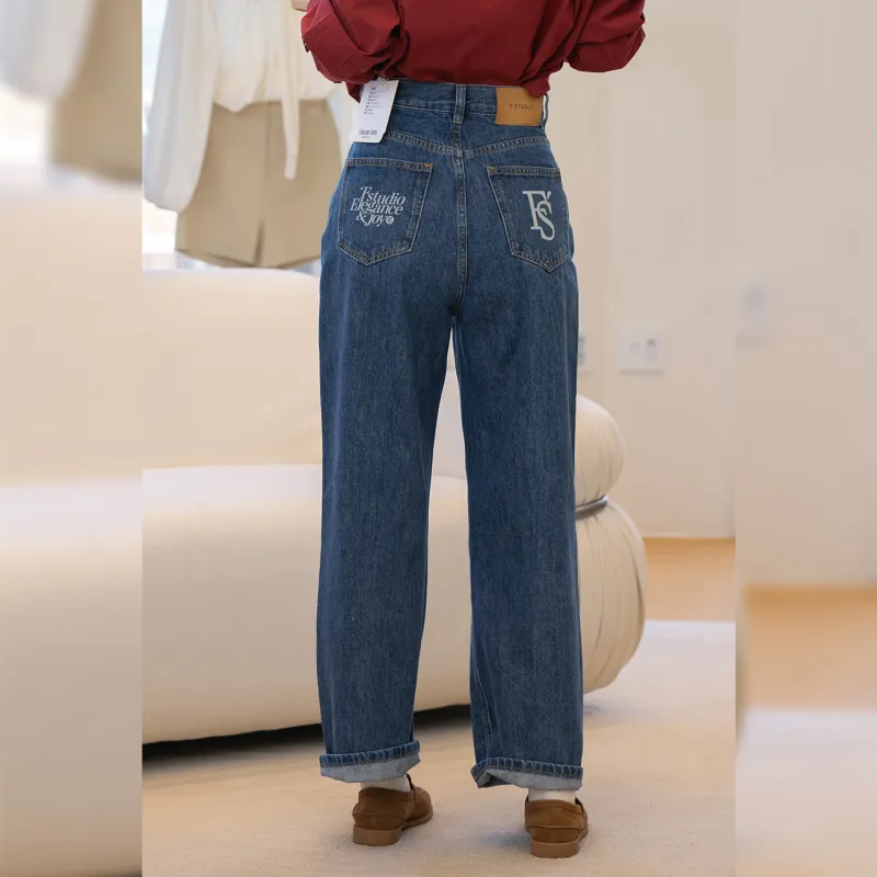 Fstudio Korean-Style Spring Thin Petite Commute Versatile High-Rise Jeans Women's Medium Blue-3