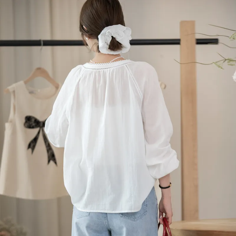 Fstudio Korean Style V Neck Pure Cotton Lace Trim Embroidery Long Sleeved Shirt Women's White-4