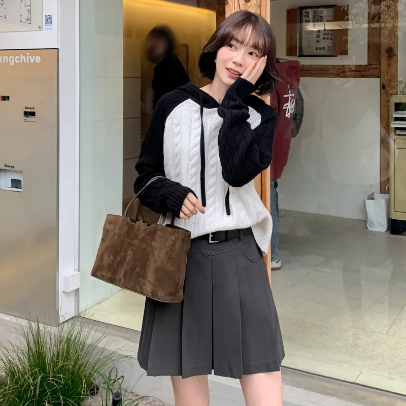 Fstudio Korean Style Fall And Winter Petite Patchwork Hooded Commute 100 Wool Knitwear Women's Coffee-15