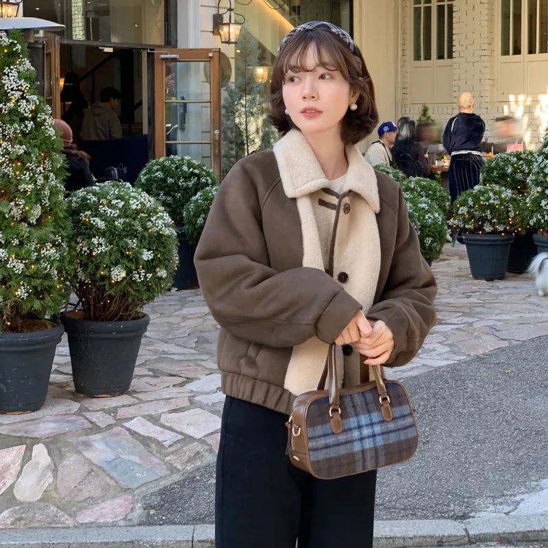 Fstudio Fall And Winter Suede Patchwork Lambswool Cropped Coat Women's Coffee-2