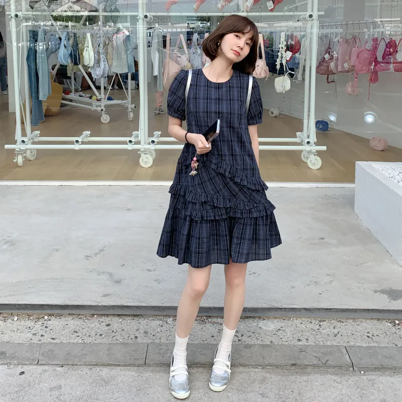 Fstudio Scottish Vintage Irregular Short Sleeved Dress Women's Navy Blue-3