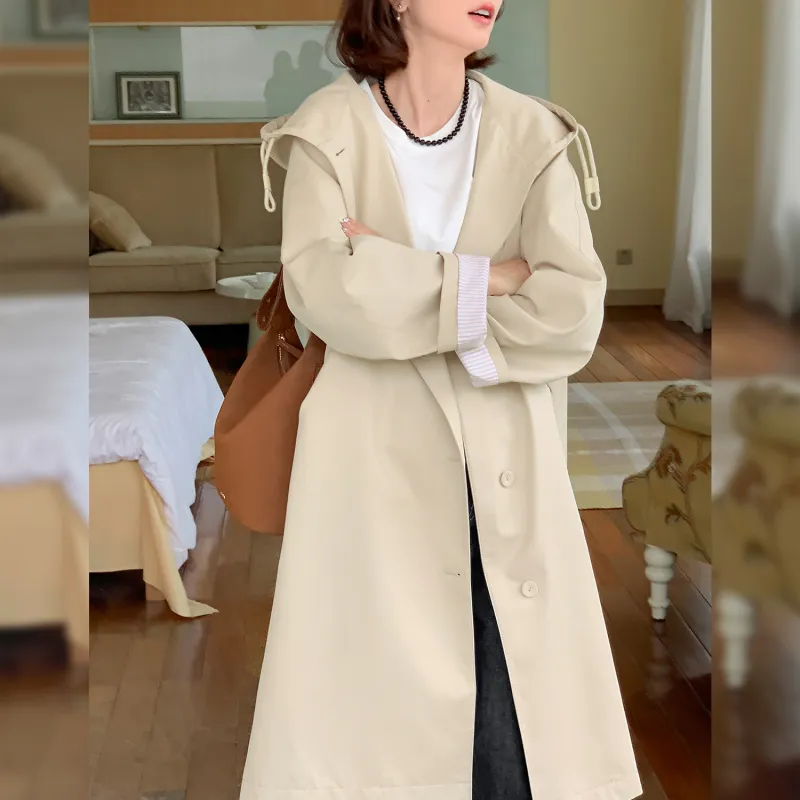 Fstudio Long Hooded Trench Coat Women's Khaki-2