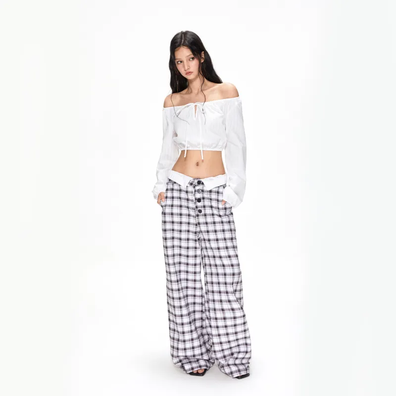 APEA Casual Pants Women's Black Red Plaid-3