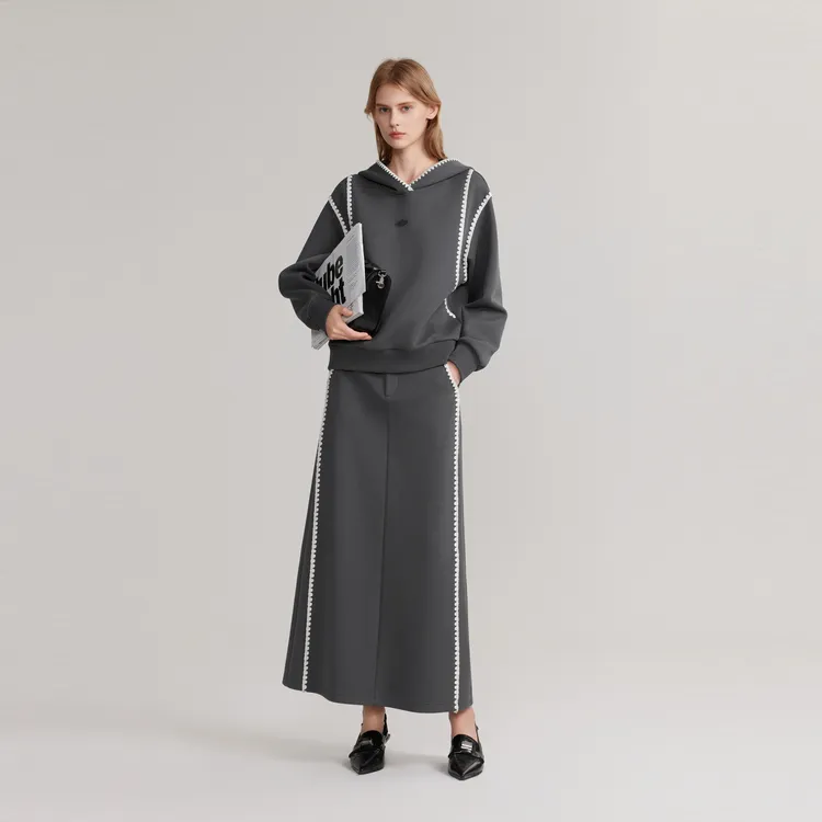 ELLE Casual Long Skirts Women's Medium Gray-4