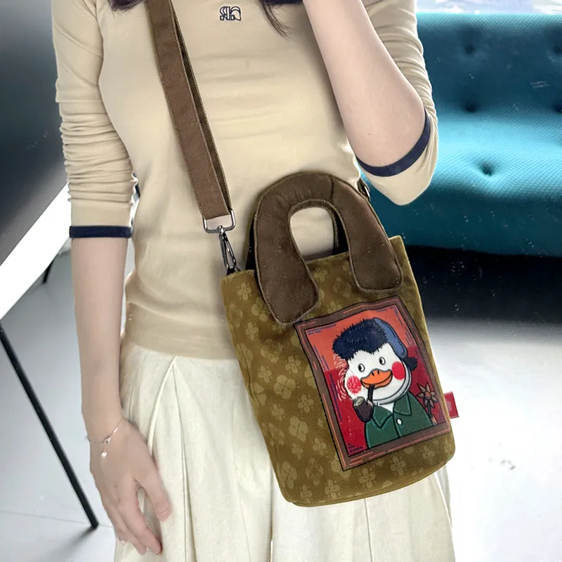 Perfect Styles Fabric Crossbody Bag Medium Size Women's Brown White-2