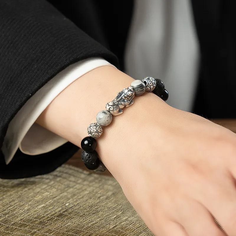 YINCHIE Obsidian S999 Fine Silver Beaded Bracelet Men's-3