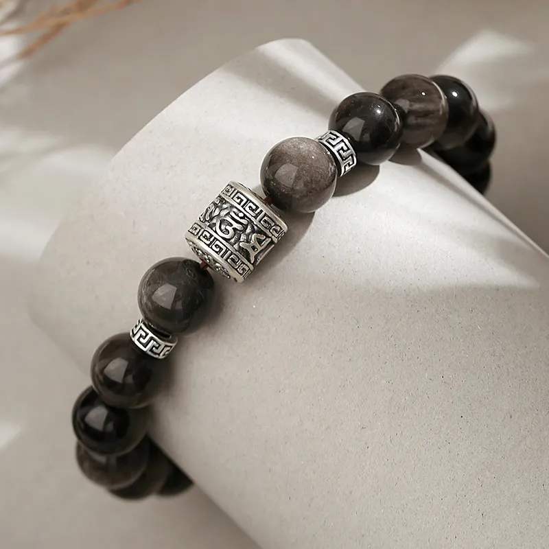 YINCHIE Obsidian 999 Fine Silver Beaded Bracelet Men's-2