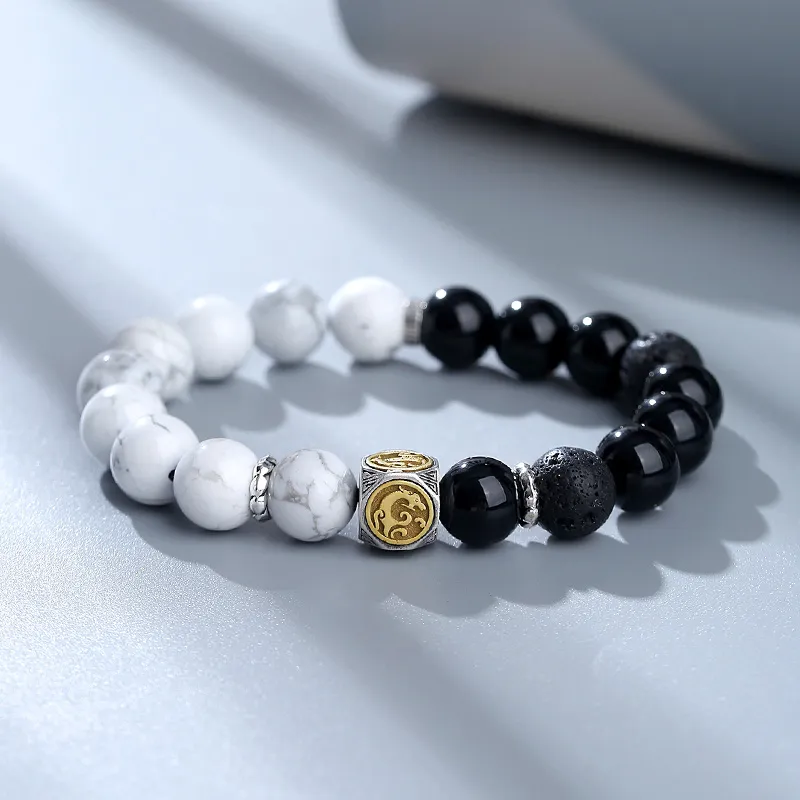 YINCHIE S925 Silver Agate Volcanic Stone Bracelets Men's Black White-2