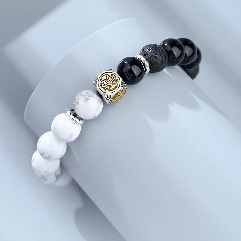 YINCHIE S925 Silver Agate Volcanic Stone Bracelets Men's Black White-1