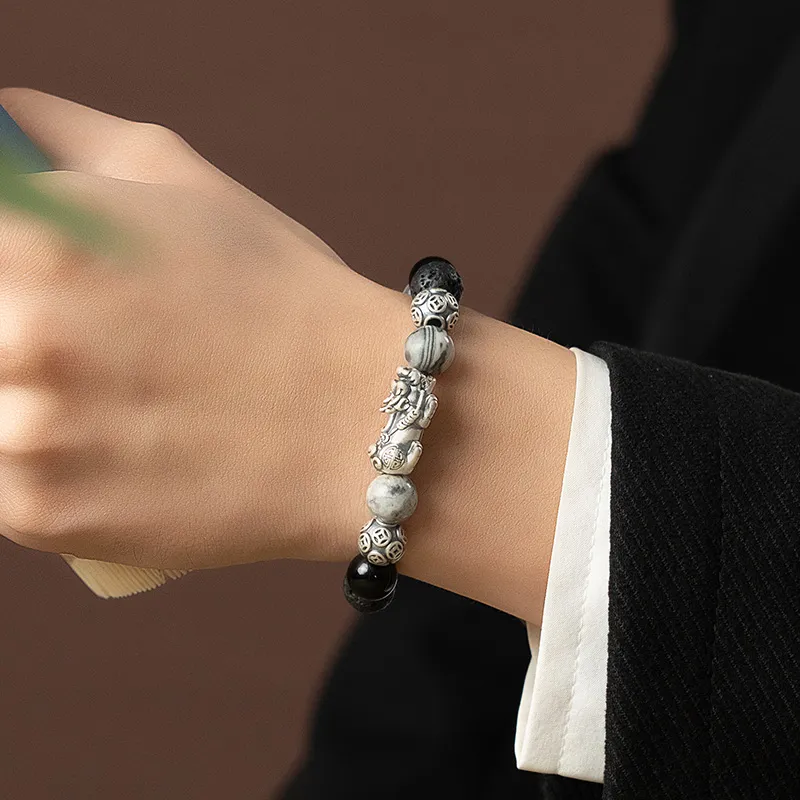 YINCHIE Obsidian S999 Fine Silver Beaded Bracelet Men's-5