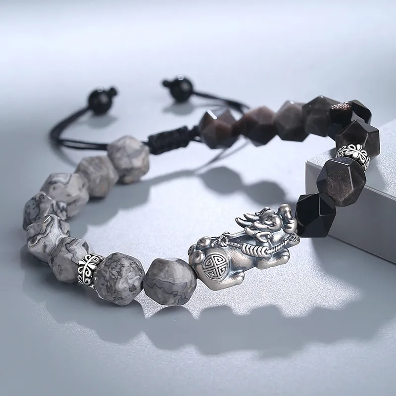 YINCHIE Obsidian S999 Fine Silver Beaded Bracelet Men's-1