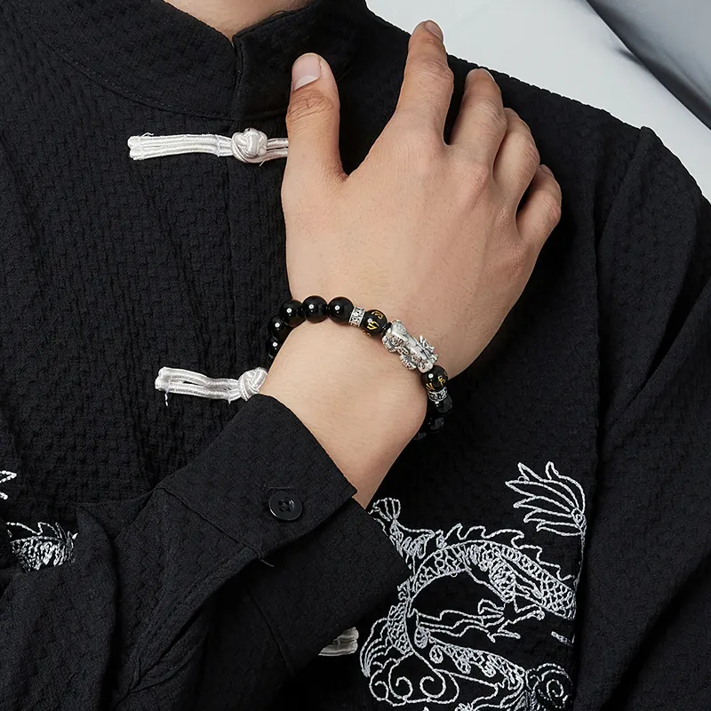 YINCHIE Processing Obsidian 999 Fine Silver Beaded Bracelet Men's-1