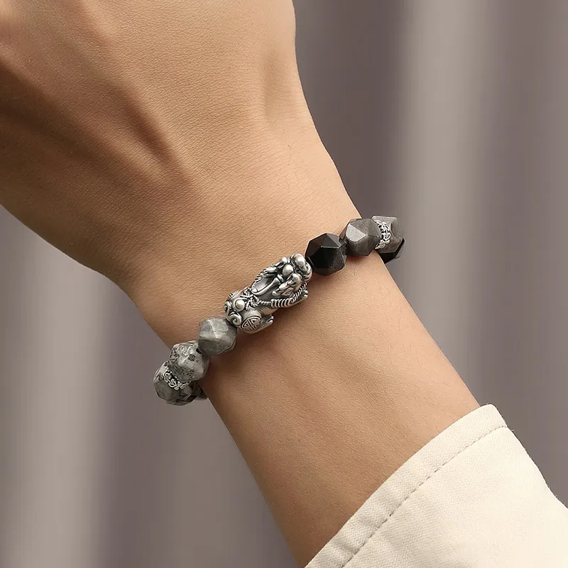 YINCHIE Obsidian S999 Fine Silver Beaded Bracelet Men's-4