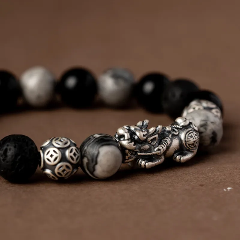 YINCHIE Obsidian S999 Fine Silver Beaded Bracelet Men's-2