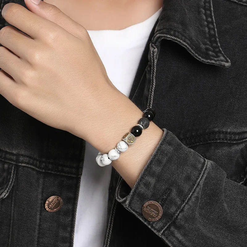 YINCHIE S925 Silver Agate Volcanic Stone Bracelets Men's Black White-4