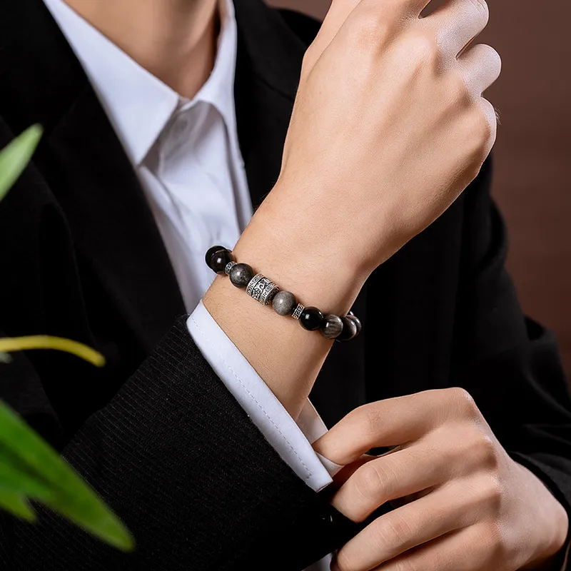 YINCHIE Obsidian 999 Fine Silver Beaded Bracelet Men's-3