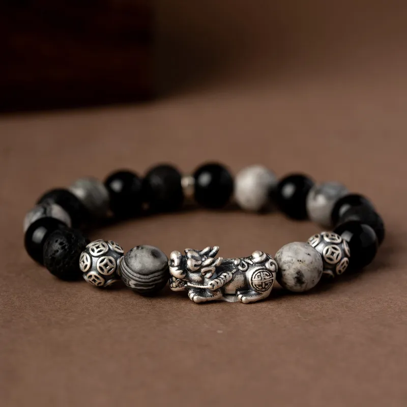 YINCHIE Obsidian S999 Fine Silver Beaded Bracelet Men's-1
