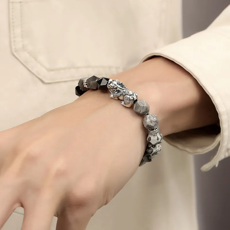 YINCHIE Obsidian S999 Fine Silver Beaded Bracelet Men's-5