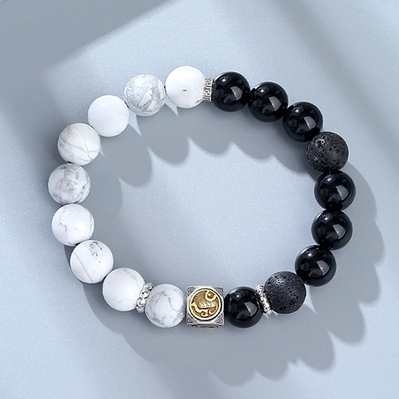 YINCHIE S925 Silver Agate Volcanic Stone Bracelets Men's Black White-5