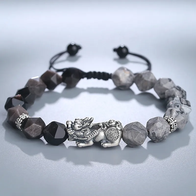YINCHIE Obsidian S999 Fine Silver Beaded Bracelet Men's-2