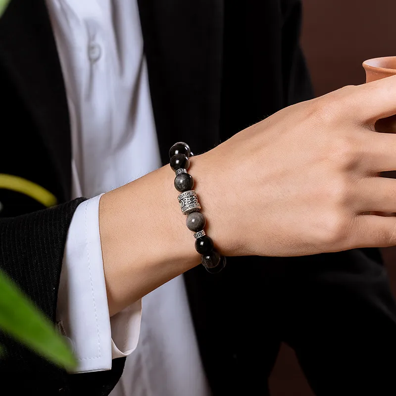 YINCHIE Obsidian 999 Fine Silver Beaded Bracelet Men's-4