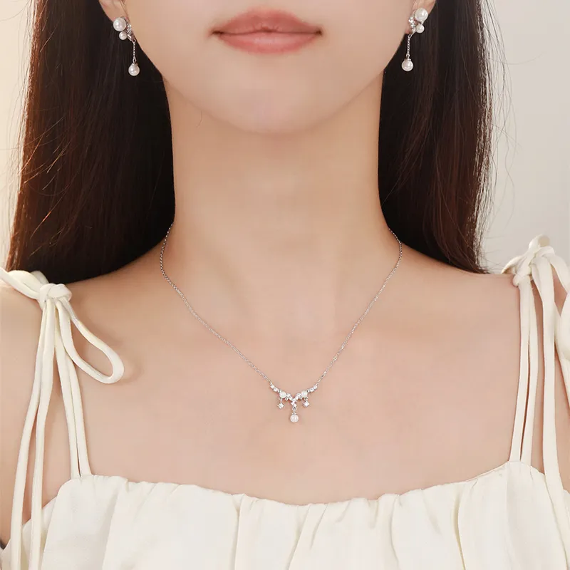 SHEPANEE S925 Silver Synthetic Cubic Zirconia Pearl Moonstone/Glue Drip Necklaces Women's-1