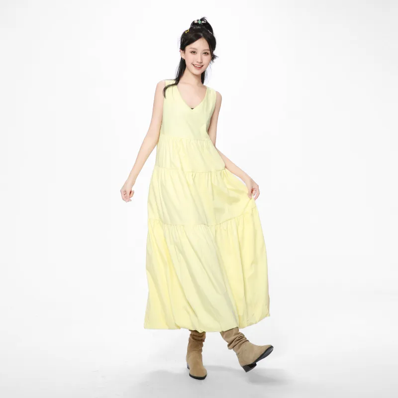 Vine Color Sleeveless Dress Women's Yellow-14