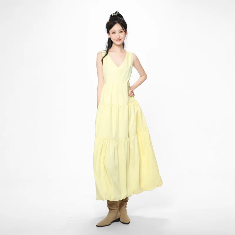 Vine Color Sleeveless Dress Women's Yellow-13