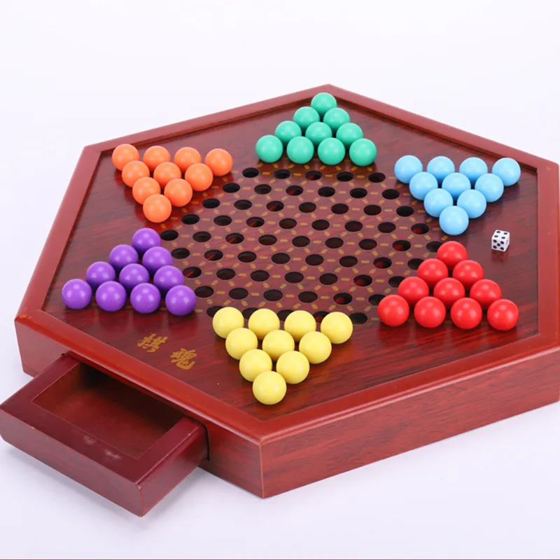 Imono Checkers Glass Beads Educational Marble Checkers Adults Premium Large Size Hexagonal Wooden Checkers Board Games-5