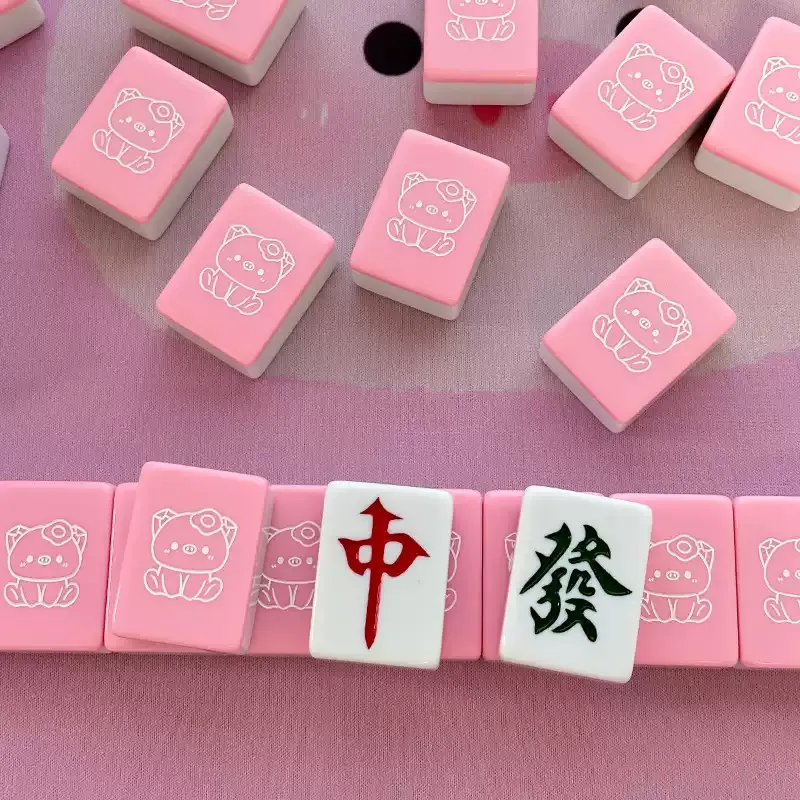 Imono Hand Crafted Mahjong Tiles Set With Cute Pink Piglet Design 40/42/44 Sizes Cartoon Style Board Games-51