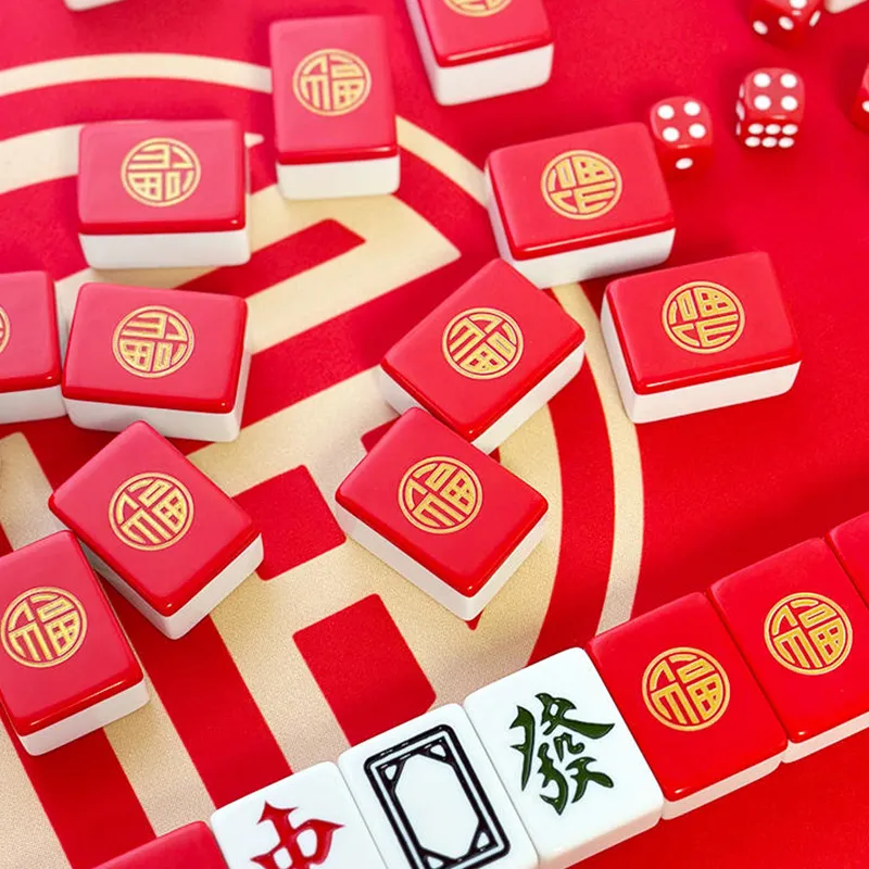 Imono Hand Crafted Mahjong Tile Home Red Round Gold Fu Party Mahjong Board Games-1