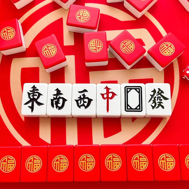 Imono Hand Crafted Mahjong Tile Home Red Round Gold Fu Party Mahjong Board Games-9