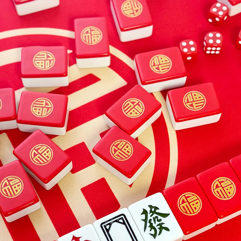 Imono Hand Crafted Mahjong Tile Home Red Round Gold Fu Party Mahjong Board Games-11