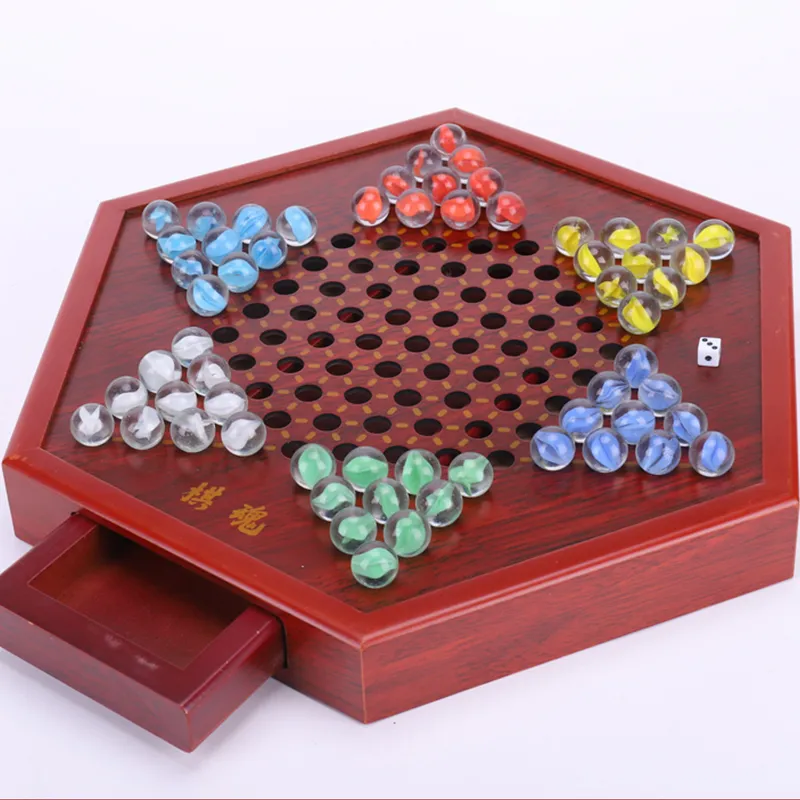 Imono Checkers Glass Beads Educational Marble Checkers Adults Premium Large Size Hexagonal Wooden Checkers Board Games-1