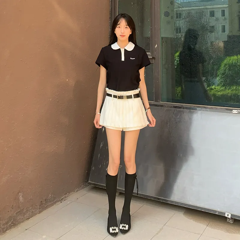 Tokyo Season Uniforms Women's Gift Box Set, Black Polo Shirt+White Pleated Short Skirt Pleated Shorts Comes With Belt+Hanger-3